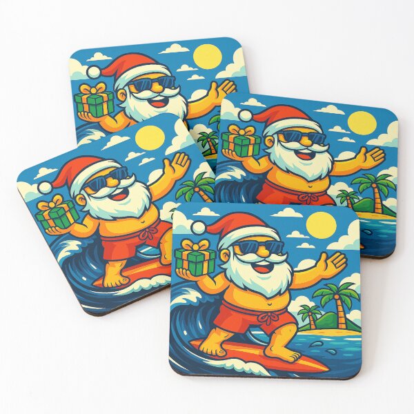 Item preview, Surfing Santa Tropical Christmas Cartoon - Funny Beach Santa on Surfboard, Tropical Holiday Surf Art, Santa with Green Gift & Gold Ribbon designed and sold by AnTartstudios.