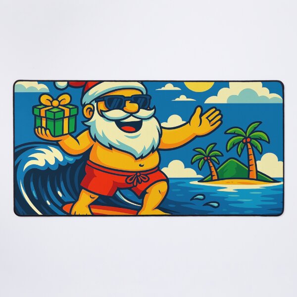 Item preview, Surfing Santa Tropical Christmas Cartoon - Funny Beach Santa on Surfboard, Tropical Holiday Surf Art, Santa with Green Gift & Gold Ribbon designed and sold by AnTartstudios.