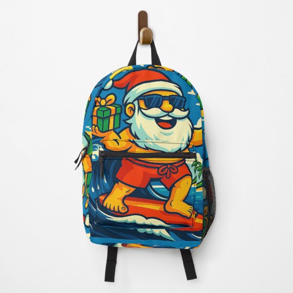 Item preview, Surfing Santa Tropical Christmas Cartoon - Funny Beach Santa on Surfboard, Tropical Holiday Surf Art, Santa with Green Gift & Gold Ribbon designed and sold by AnTartstudios.