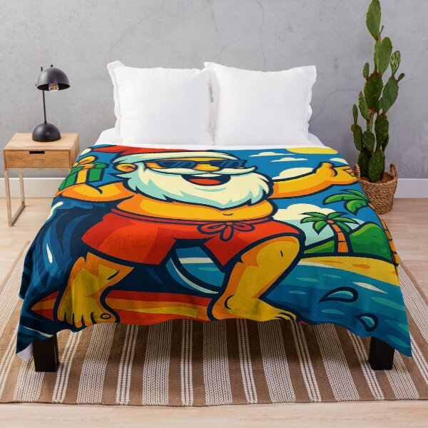 Item preview, Surfing Santa Tropical Christmas Cartoon - Funny Beach Santa on Surfboard, Tropical Holiday Surf Art, Santa with Green Gift & Gold Ribbon designed and sold by AnTartstudios.
