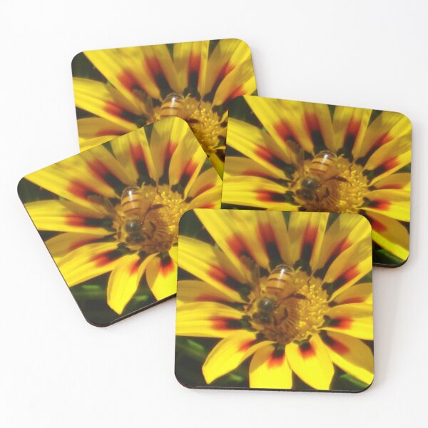Item preview, Honeybee Foraging on Brilliant Yellow, Red, and Black Gazania designed and sold by JoyousArt4u.