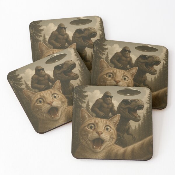 Item preview, Funny UFO Selfie Cat Bigfoot and T Rex. Hilarious UFO Cat Lover Meme designed and sold by ahmed2751989.