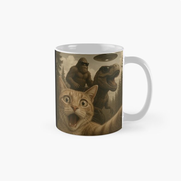 Item preview, Funny UFO Selfie Cat Bigfoot and T Rex. Hilarious UFO Cat Lover Meme designed and sold by ahmed2751989.