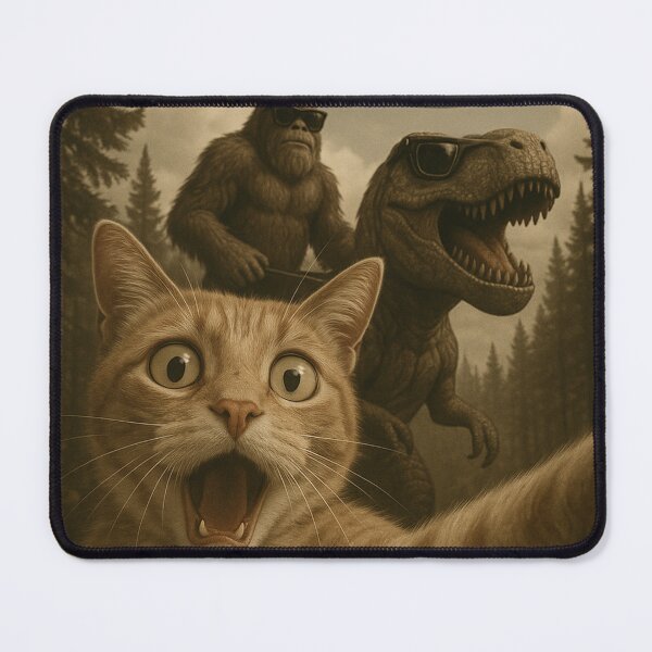 Item preview, Funny UFO Selfie Cat Bigfoot and T Rex. Hilarious UFO Cat Lover Meme designed and sold by ahmed2751989.