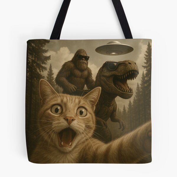 Item preview, Funny UFO Selfie Cat Bigfoot and T Rex. Hilarious UFO Cat Lover Meme designed and sold by ahmed2751989.