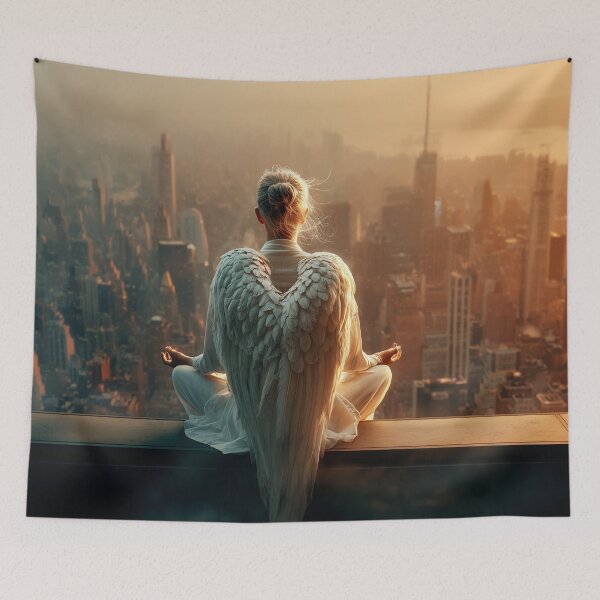 Item preview, Greatness Begins with Stillness – Angelic City Meditation Art designed and sold by VisionaryVeils.