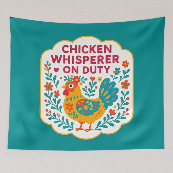 Item preview, Chicken Whisperer on Duty Hen – Bright Orange and Teal Scandinavian Folk Art by heidiannemorris © designed and sold by FOLK ART FUSION by heidiannemorris.