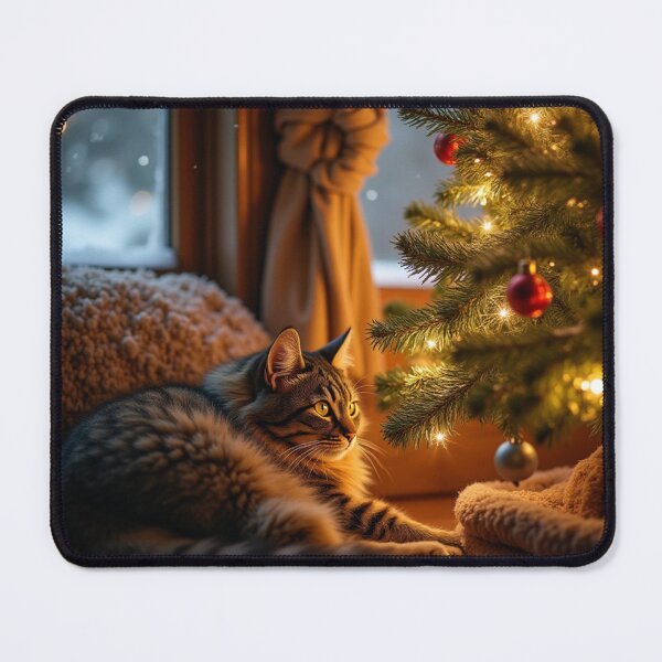 Item preview, Cozy Christmas Cat by the Tree Warm Winter Holiday Scene designed and sold by YoungFrankenstein.