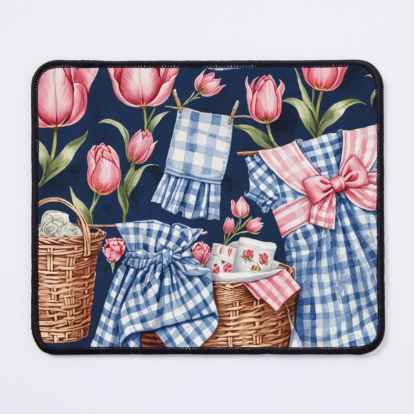 Item preview, Cottagecore Chinoiserie Laundry Day Seamless Pattern | Vintage Dress Tulips Bow Basket Gingham Aesthetic | Cute Blue and Pink designed and sold by PublishingCo.