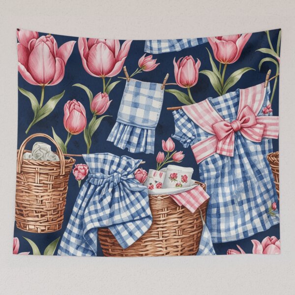 Item preview,  Cottagecore Chinoiserie Laundry Day Seamless Pattern | Vintage Dress Tulips Bow Basket Gingham Aesthetic | Cute Blue and Pink  designed and sold by PublishingCo.