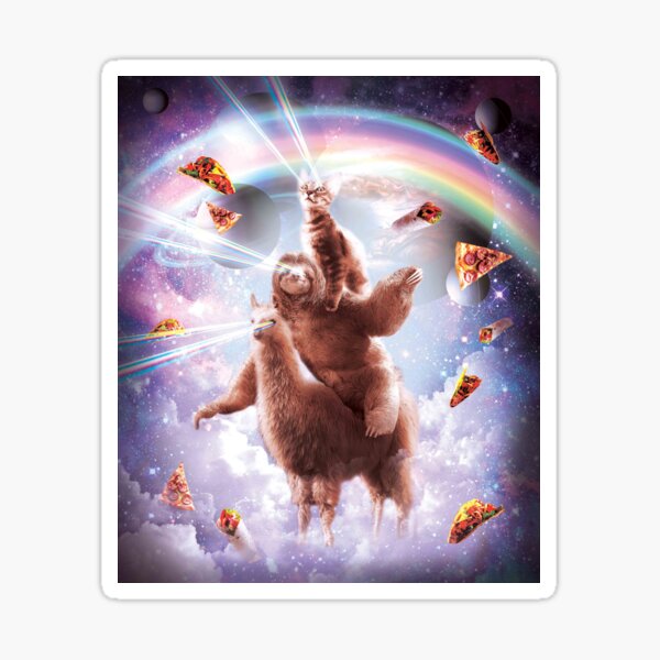 Laser Eyes Space Cat Riding Sloth, Llama - Rainbow Sticker