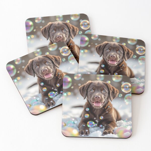 Item preview, Playful Chocolate Labrador Puppy in Snow with Bubbles designed and sold by Wags & Tails.