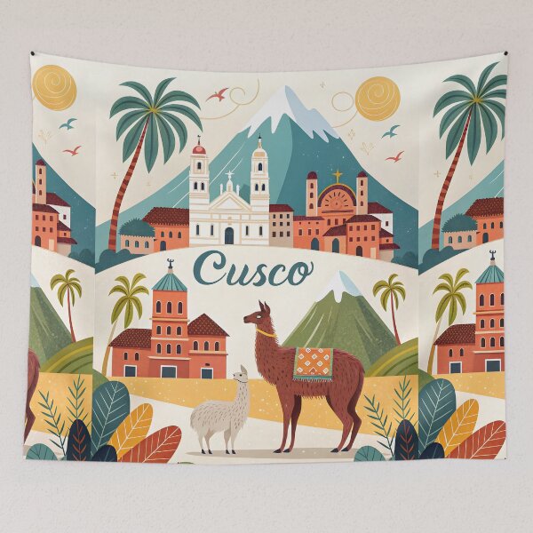 Item preview, Peru Souvenir Travel Art Design – Llamas in Cusco with Mountain Backdrop designed and sold by Witsprings.