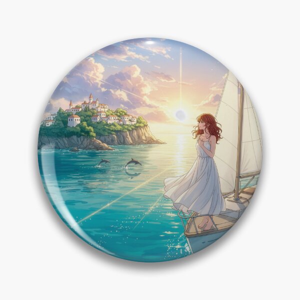 Item preview, Anime Sailing Dream – Girl on Sailboat with Dolphins and Mediterranean Sea designed and sold by Koimak.