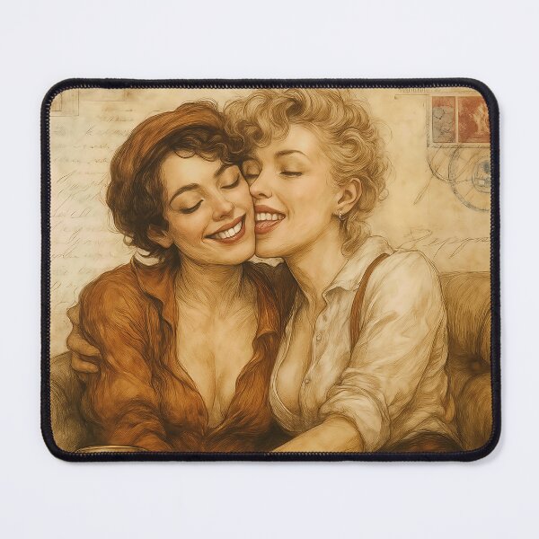 Item preview, Vintage Love Embrace Art - Romantic Lesbian Couple Sepia Sketch Illustration designed and sold by Very Peculiar.