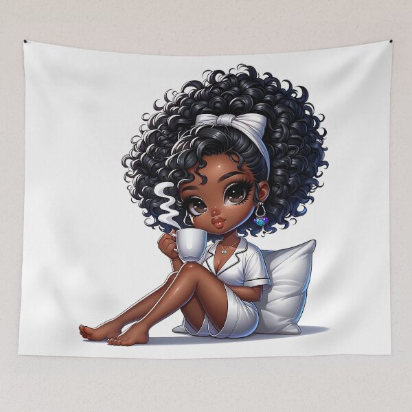 Item preview, Charming Black Girl in White Pajamas Enjoying Hot Coffee designed and sold by Lulunza.