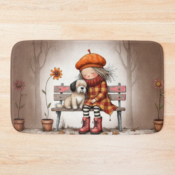 Item preview, Autumn Companions – Girl and Dog on a Cozy Park Bench Illustration designed and sold by Whimsical Hug.