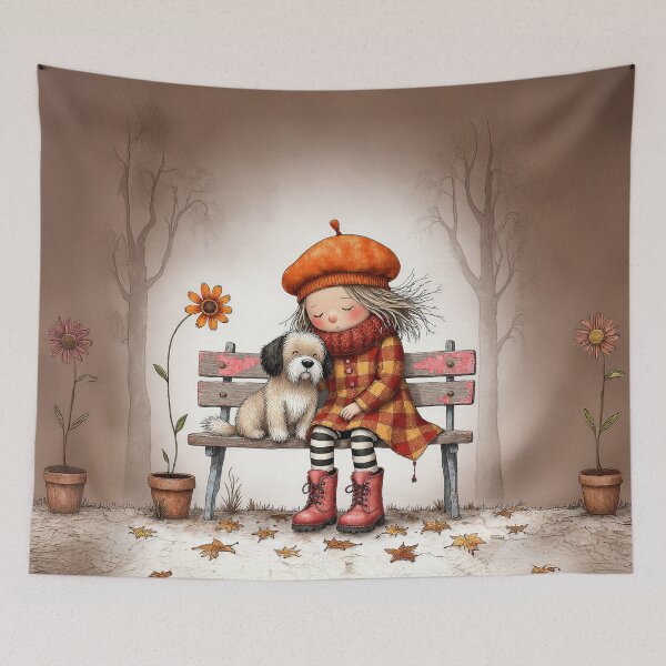 Item preview, Autumn Companions – Girl and Dog on a Cozy Park Bench Illustration designed and sold by Whimsical Hug.