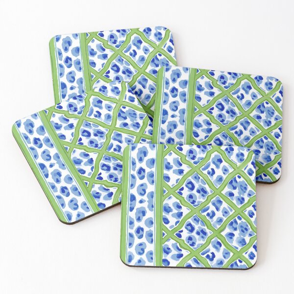 Item preview, Grandmillennial style blue and white animal print and green chinoiserie lattice designed and sold by SophieClimaArt.
