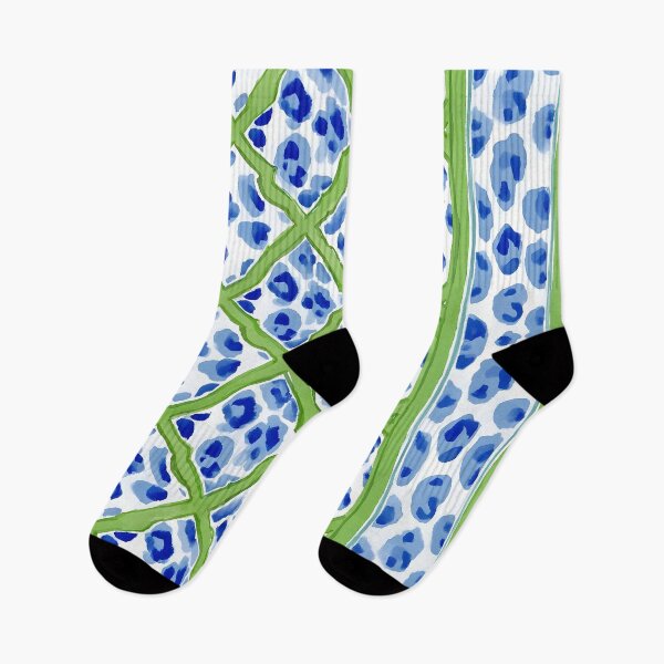 Item preview, Grandmillennial style blue and white animal print and green chinoiserie lattice designed and sold by SophieClimaArt.