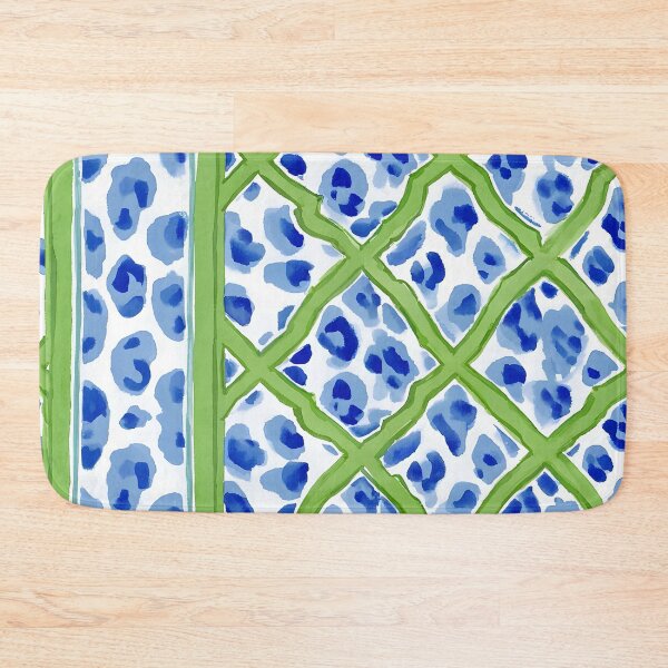 Item preview, Grandmillennial style blue and white animal print and green chinoiserie lattice designed and sold by SophieClimaArt.