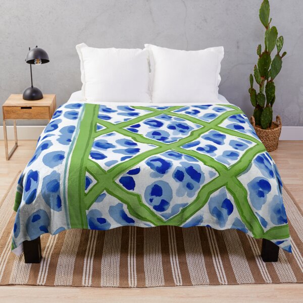 Item preview, Grandmillennial style blue and white animal print and green chinoiserie lattice designed and sold by SophieClimaArt.