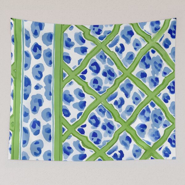 Item preview, Grandmillennial style blue and white animal print and green chinoiserie lattice designed and sold by SophieClimaArt.