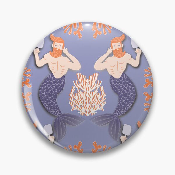 Item preview, Hot Merman, symmetry with corals, handle with care, medium blue background, merman looking coquettishly in a mirror designed and sold by WONDERPRINTVALLEY.