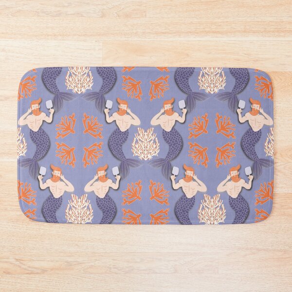 Item preview, Hot Merman, symmetry with corals, handle with care, medium blue background, merman looking coquettishly in a mirror designed and sold by WONDERPRINTVALLEY.