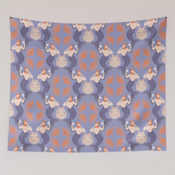 Item preview, Hot Merman, symmetry with corals, handle with care, medium blue background, merman looking coquettishly in a mirror designed and sold by WONDERPRINTVALLEY.