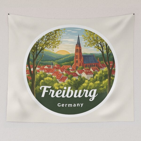 Item preview, Freiburg Germany Vintage Travel Sticker Retro Cathedral & Black Forest Sunset Design designed and sold by Blurbean.