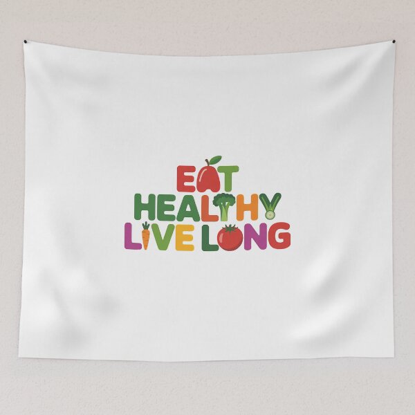 Item preview, a banner about healthy eating "eat healthy, live long" with fruits and vegetables designed and sold by StyleAndVibe.