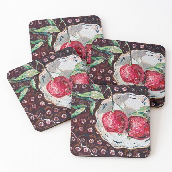 Item preview, Pomegranates on a Plate – Elegant Still Life on Patterned Burgundy Cloth designed and sold by valyaart.