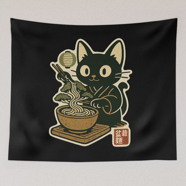 Item preview, Black Cat Bonsai Ramen Whimsical Retro Japanese Style designed and sold by Bongocomic.