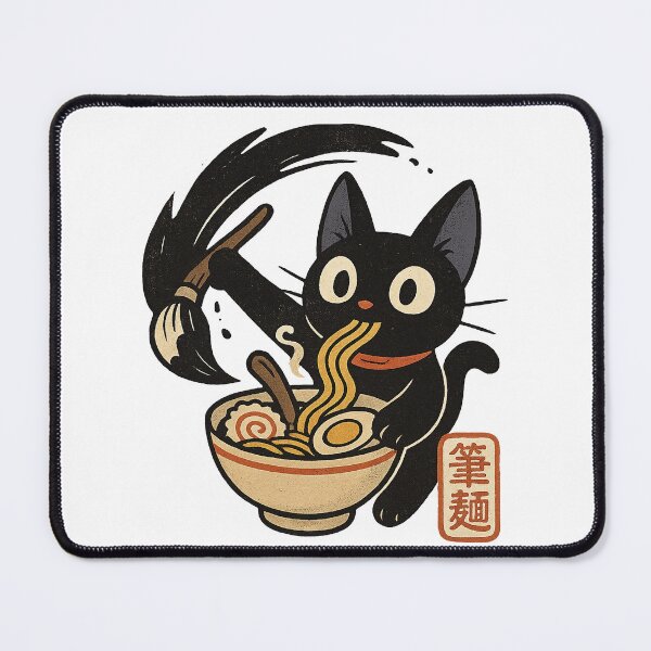 Item preview, Black Cat Eating Ramen Calligraphy Splash Concept Japanese Graphic Art designed and sold by Bongocomic.