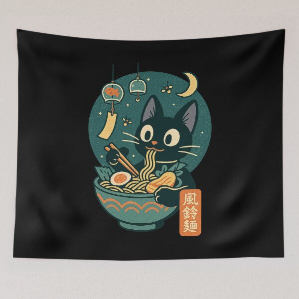 Item preview, Black Cat Ramen Wind Chime Charming Retro Japanese Style designed and sold by Bongocomic.