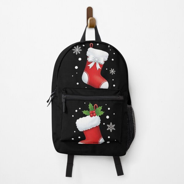 Item preview, Vertical Trio of Red Christmas Stockings with Festive Decorations on Black Background designed and sold by PixelVibe782.