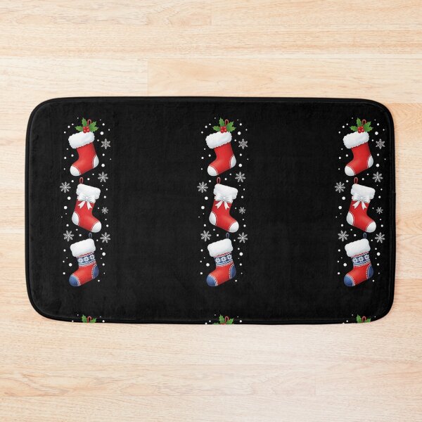 Item preview, Vertical Trio of Red Christmas Stockings with Festive Decorations on Black Background designed and sold by PixelVibe782.