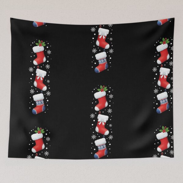 Item preview, Vertical Trio of Red Christmas Stockings with Festive Decorations on Black Background designed and sold by PixelVibe782.