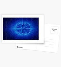 Blue Glowing Brain Wired On Neural Surface Or Electronic Conductors Postcards