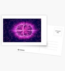 Purple Glowing Brain Wired On Neural Surface Or Electronic Conductors Postcards