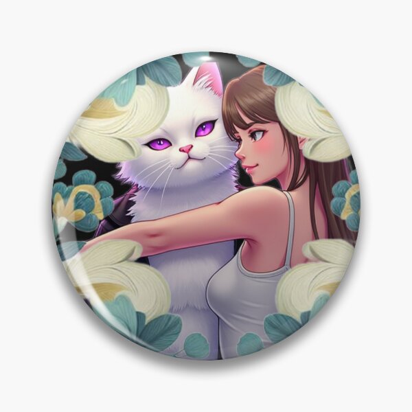 Item preview, Elaborate Floral Folk Art: Anime Girl and White Cat Illustration designed and sold by thechoice1.