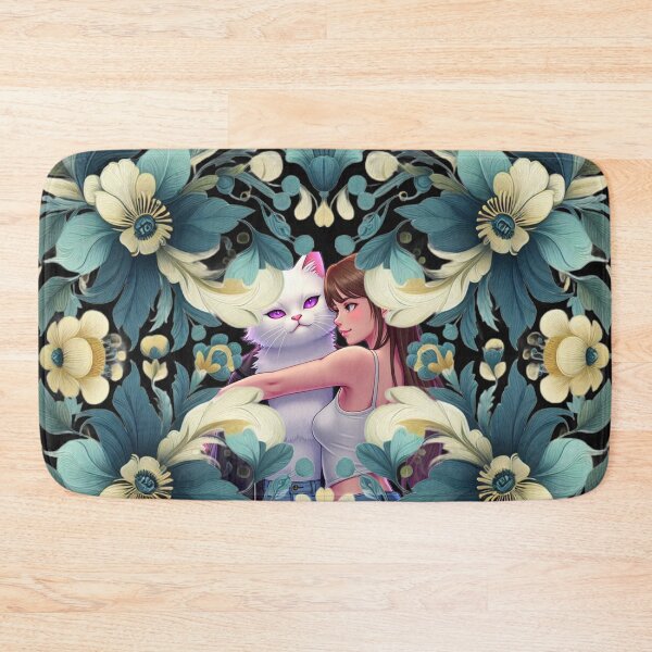 Item preview, Elaborate Floral Folk Art: Anime Girl and White Cat Illustration designed and sold by thechoice1.