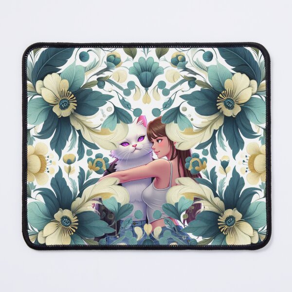 Item preview, Elaborate Floral Folk Art: Anime Girl and White Cat Illustration designed and sold by thechoice1.
