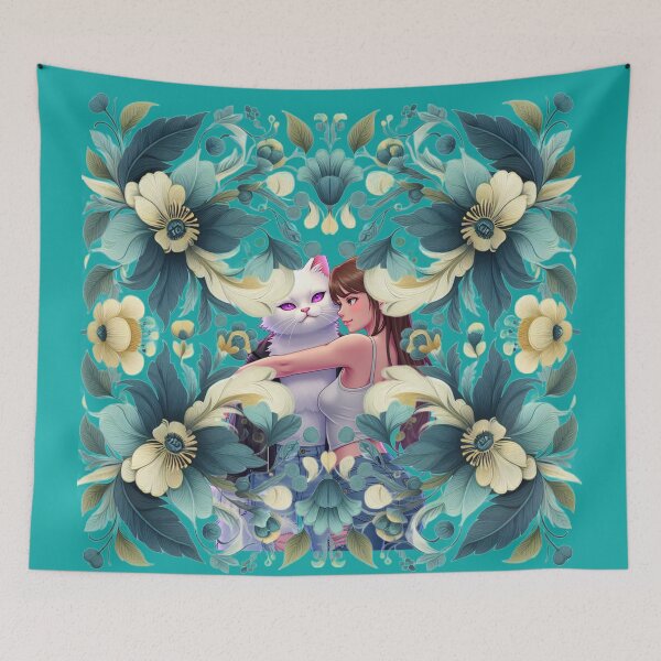 Item preview, Elaborate Floral Folk Art: Anime Girl and White Cat Illustration designed and sold by thechoice1.