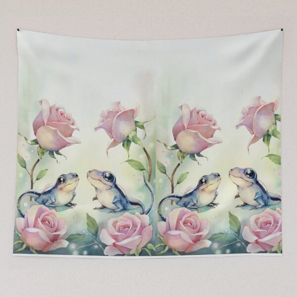 Item preview, watercolor, 2 cute salamanders, pink rose vinczi style, beautiful old style illustration designed and sold by gulka8.