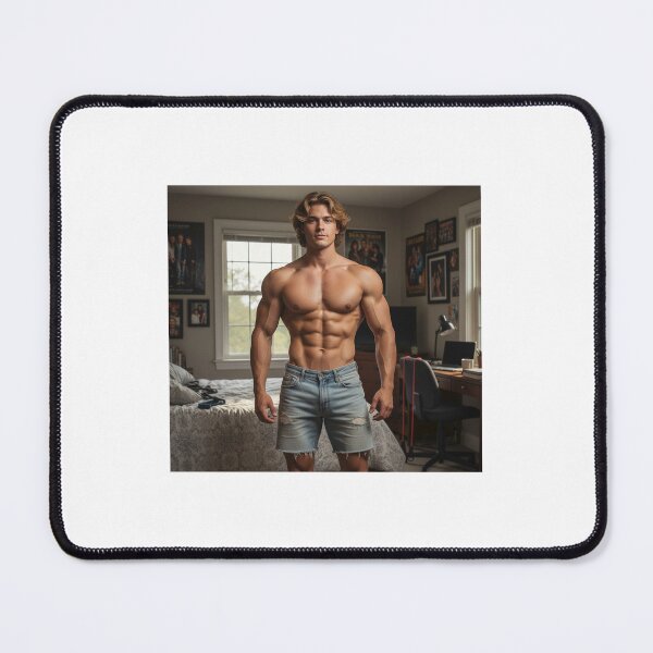 Item preview, muscular male college guy wearing cut off jeans in bedroom designed and sold by zambalala.