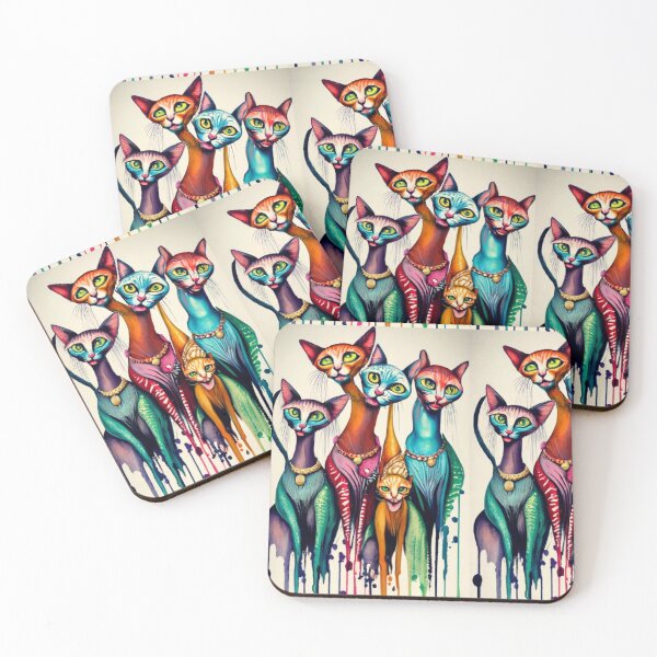 Item preview, a caricature of a group of Cats in vivid watercolors, dripping with exaggeratedly long necks. fading edges to white page., painting, fashion, illustration, vibrant, conceptual art designed and sold by gulka8.