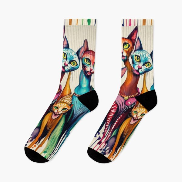 Item preview, a caricature of a group of Cats in vivid watercolors, dripping with exaggeratedly long necks. fading edges to white page., painting, fashion, illustration, vibrant, conceptual art designed and sold by gulka8.