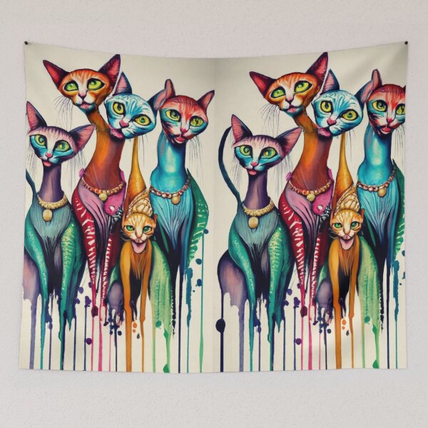 Item preview, a caricature of a group of Cats in vivid watercolors, dripping with exaggeratedly long necks. fading edges to white page., painting, fashion, illustration, vibrant, conceptual art designed and sold by gulka8.